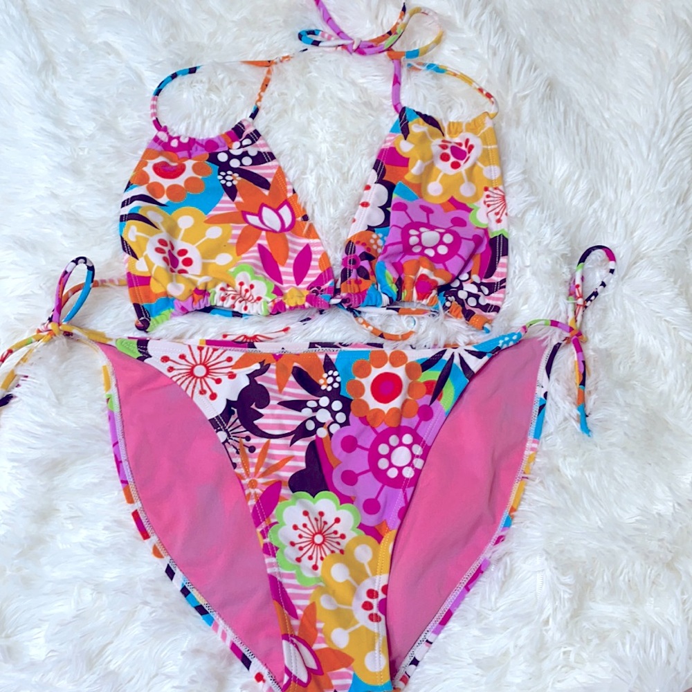 Pink Brown Yellow 2-Piece Floral Bikini Swimsuit Set Size Large